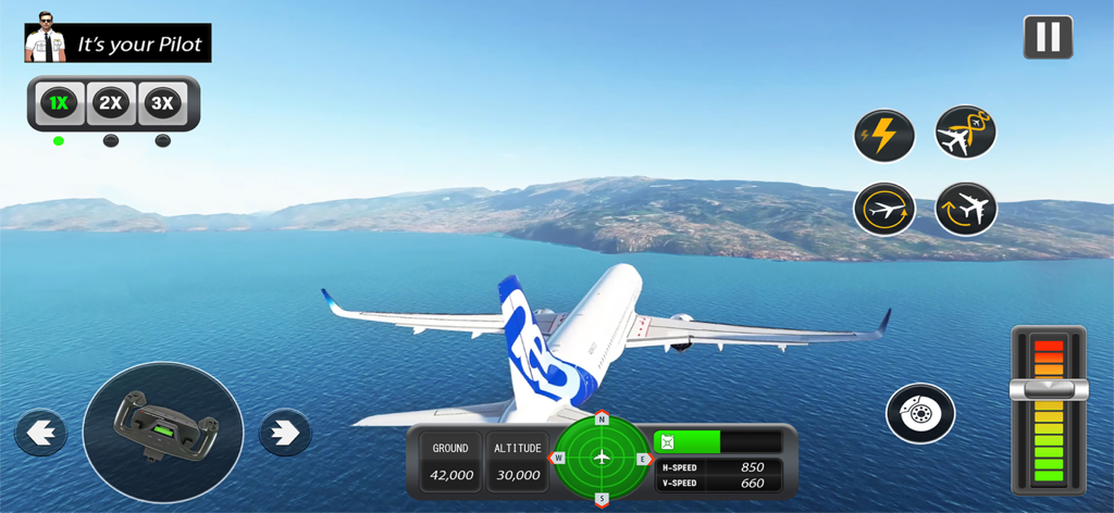 A commercial aircraft flying over the ocean with a detailed user interface in a flight simulator game.