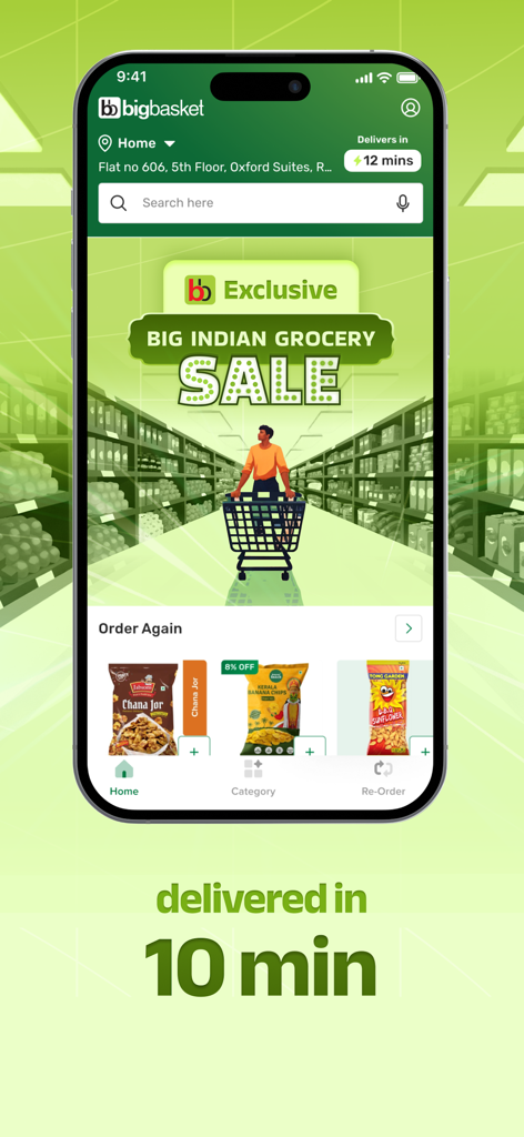 bigbasket: 10 min Grocery App - Interface of bigbasket app highlighting its 10 minute delivery service and a big Indian grocery sale