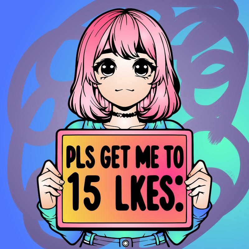 realistic girl holding up a sign that says “pls get me to 15 likes!”