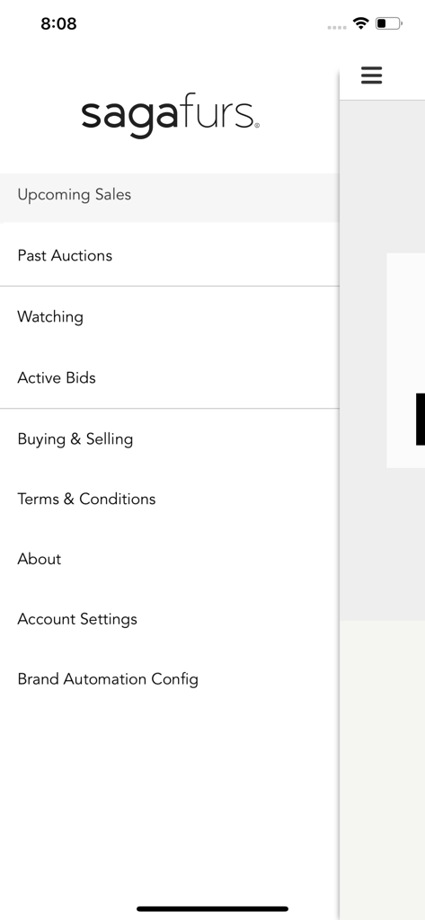 Saga Furs Online Auction - Navigation menu of the Saga Furs Online Auction app showing auction categories and account settings