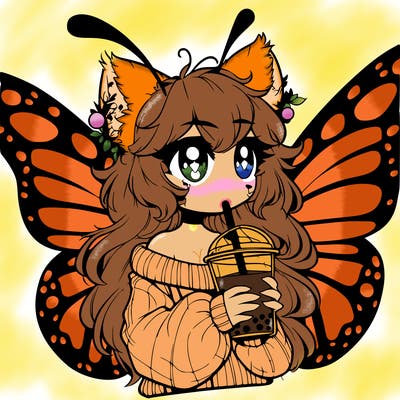 a realistic butterfly/furry girl drinking boba