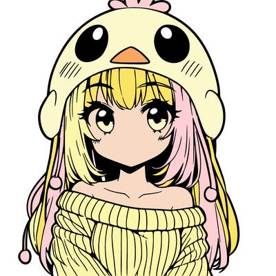 anime girl with chick shaped hat with sweater with bare shoulders with bangs covering them one eye with low tail