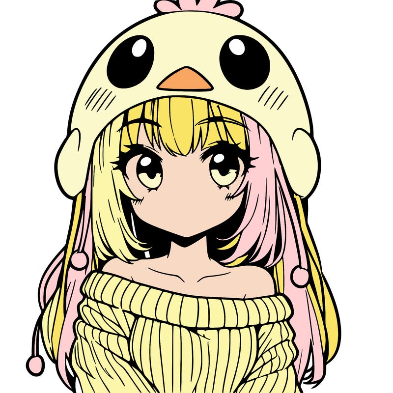 anime girl with chick shaped hat with sweater with bare shoulders with bangs covering them one eye with low tail