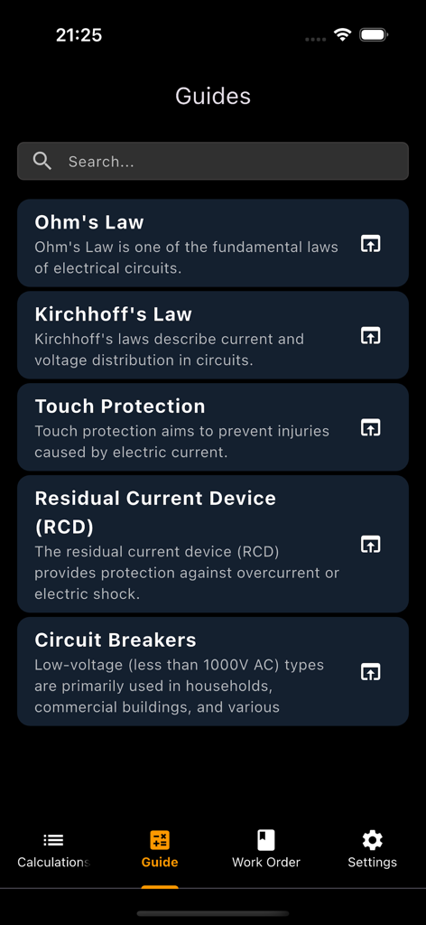 Electrician's assistant - A list of electrical guides in the Electrician Assistant app including Ohms Law Kirchhoff Law and circuit breaker information