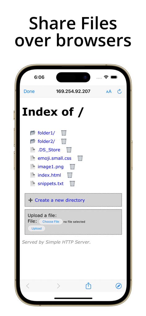 Simple Server: HTTP Server - Un écran d'iPhone affichant une interface de navigateur web qui permet aux utilisateurs de parcourir et de gérer les fichiers partagés via un serveur HTTP local