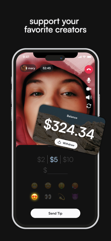Ultraviolet Chat - Ultraviolet Chat app interface showing a video call with a creator and options to send tips