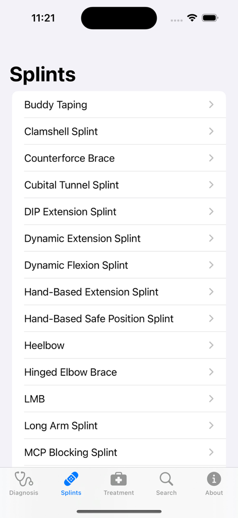 Una lista de varios tipos de férulas médicas disponibles en la aplicación móvil Hand Therapy Rx para profesionales de la salud.