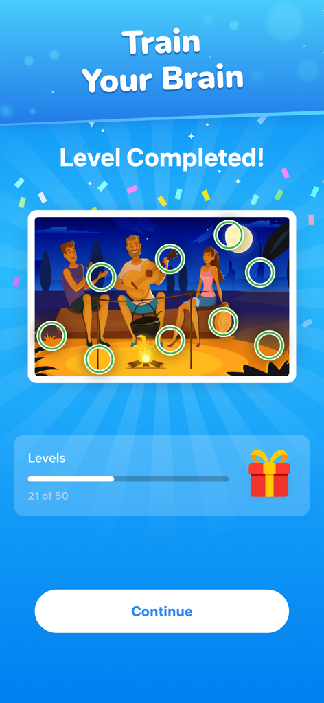 Differences - Find & Spot Them - Ein abgeschlossener Level-Bildschirm im Differences-Spiel, der eine Lagerfeuerszene mit markierten gefundenen Unterschieden und einer Überschrift zum Gehirntraining zeigt.