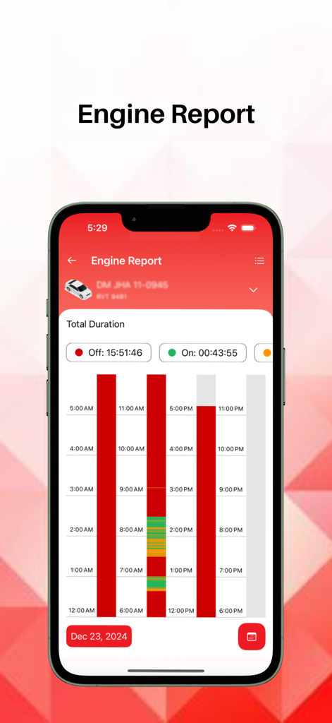 Robi Vehicle Tracker - RVT - Robi Vehicle Tracker app engine report screen showing a visual timeline of vehicle engine activity