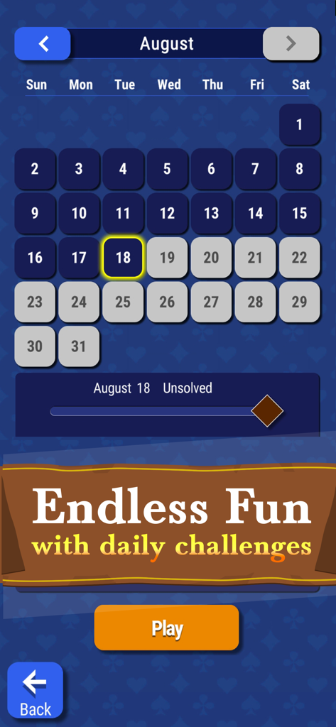 A monthly calendar for August showing daily solitaire challenges and a play button