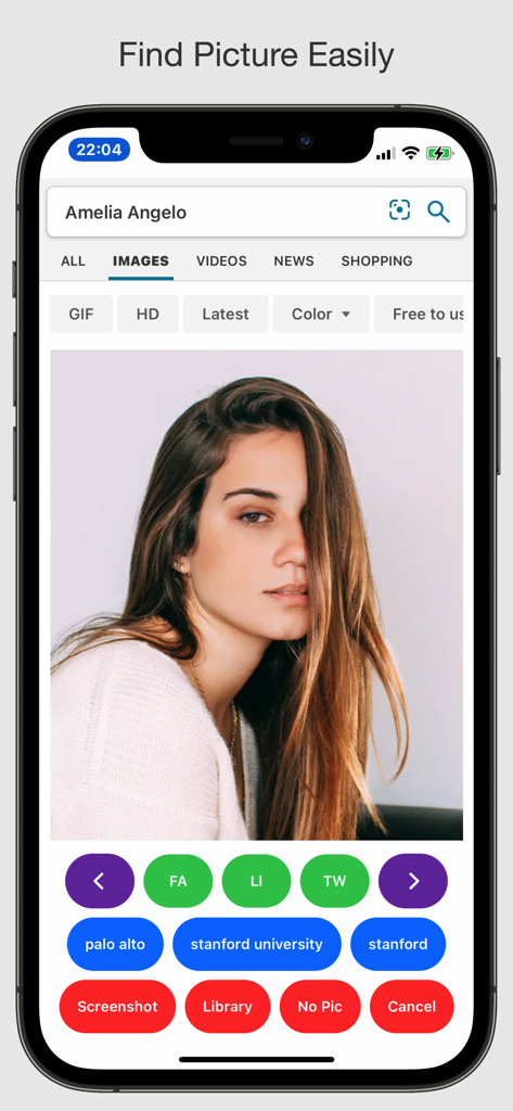 Contact Pics Adder - Aplicación Contact Pics Adder mostrando una búsqueda de imágenes para un contacto con accesos directos de sincronización de redes sociales