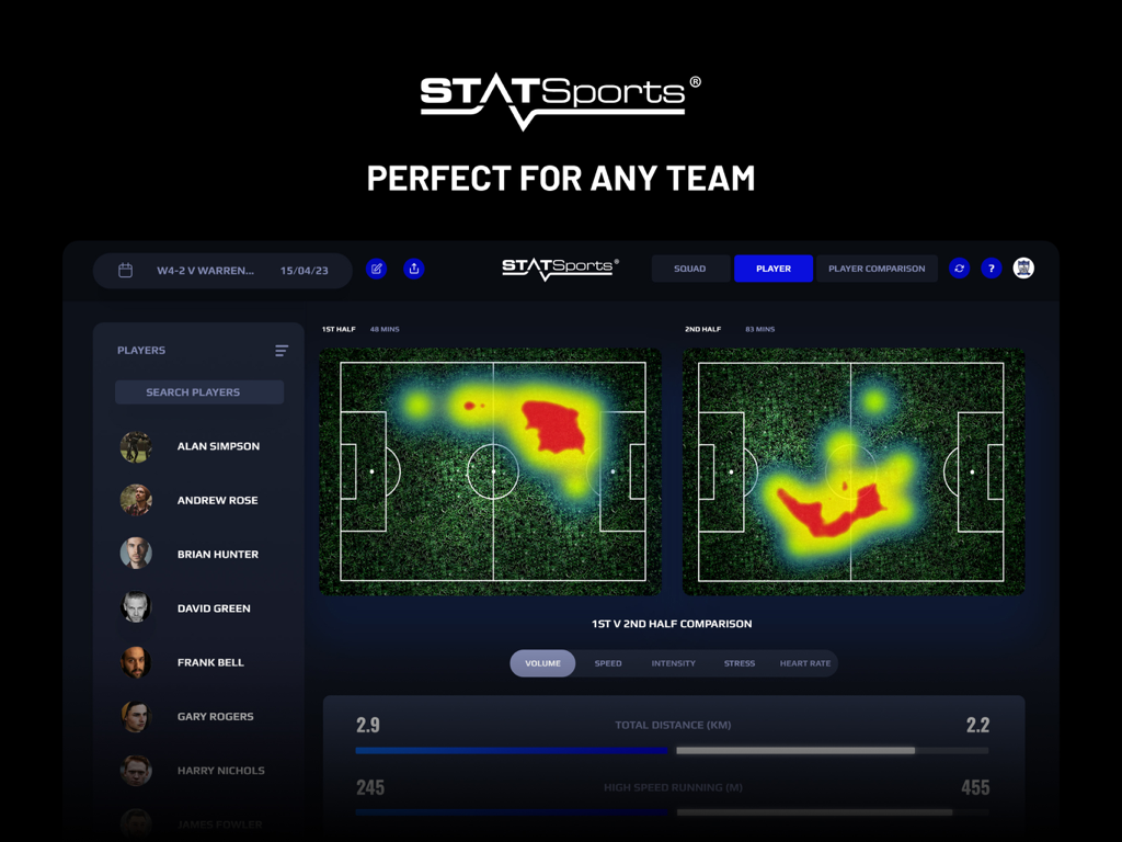 Apex Coach Series - Apex Coach Seriesアプリ。前半と後半のパフォーマンス指標の比較ヒートマップが表示されています。
