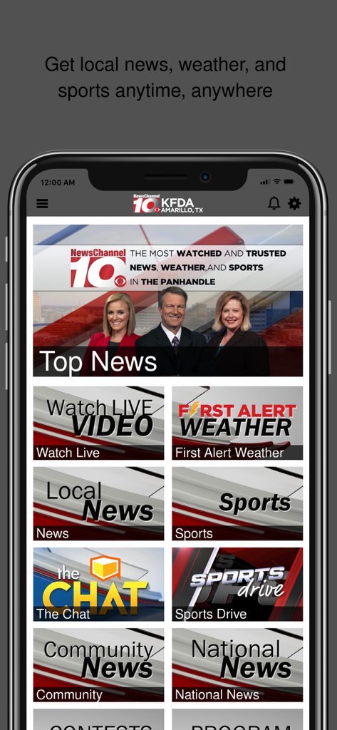 Home screen of the KFDA Amarillo NewsChannel 10 mobile app showing categories for local news weather and sports
