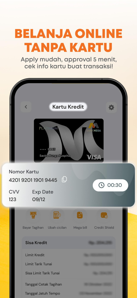M-Smileアプリのインターフェース。カードなしオンラインショッピング用の仮想クレジットカードの詳細が表示されています。