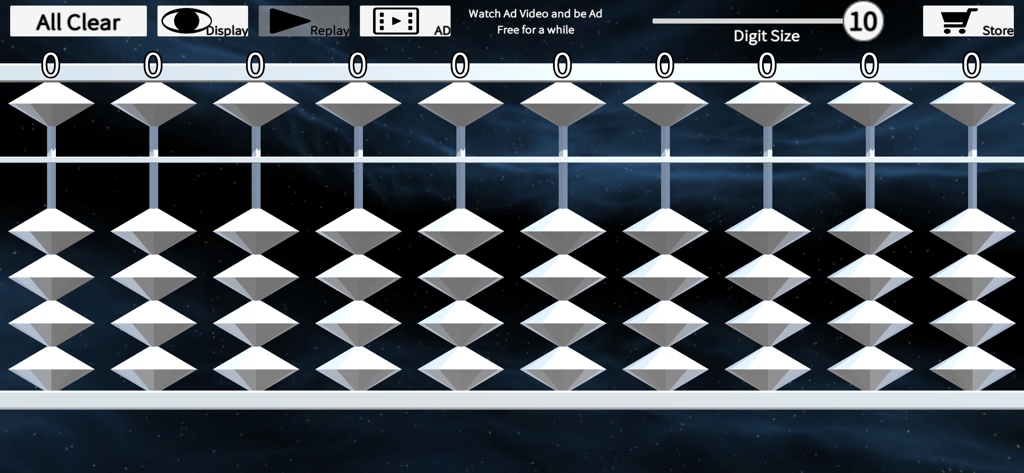 Abacus 2.0 - Digital abacus interface with ten columns of white beads and control buttons for math calculations
