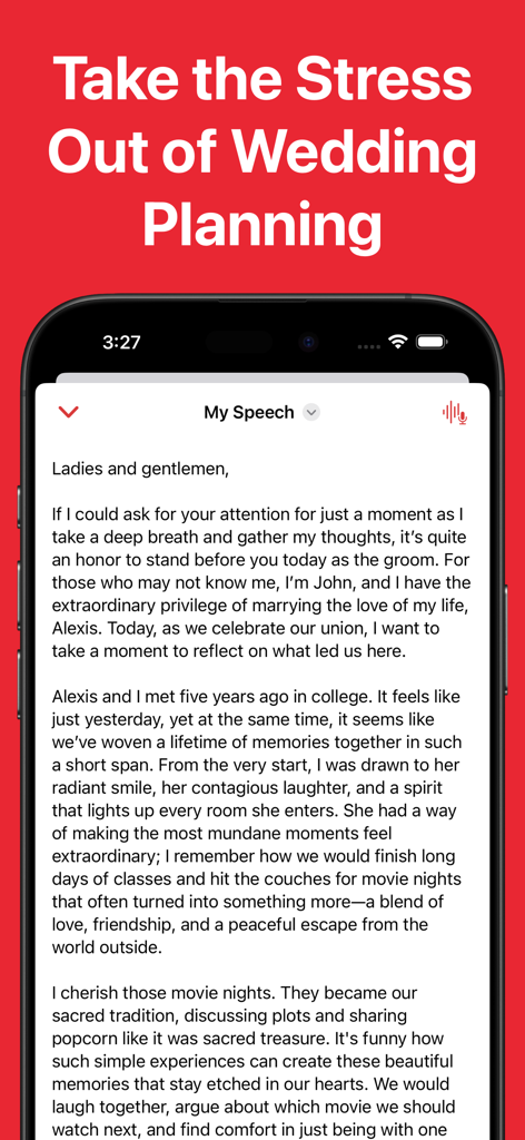 AI Wedding Speech Writer - Una pantalla de teléfono móvil que muestra un discurso de boda personalizado para un novio generado por la aplicación WedSpeak