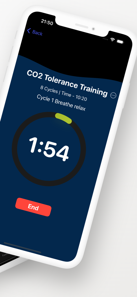 Interfaz de la aplicación Diving Master que muestra una sesión de entrenamiento de tolerancia al CO2 con un temporizador de cuenta regresiva e información del ciclo.
