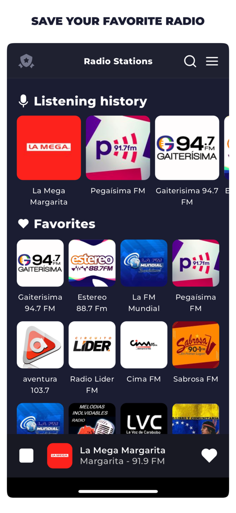 Radio Venezuela Live Online FM - The Radio Venezuela app showing a list of favorite stations and recent listening history