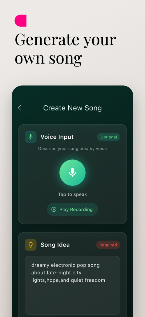 Interface of the Sonoul app showing the Create New Song screen with voice input and song idea prompt fields.