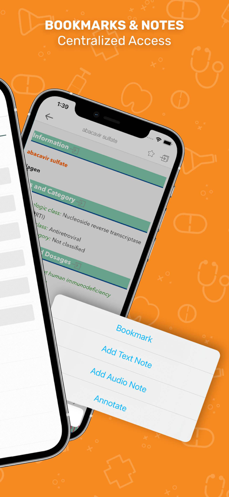 Nurse’s Drug Handbook - Mobile interface of Nurse's Drug Handbook showing the bookmark and note options for medication entries