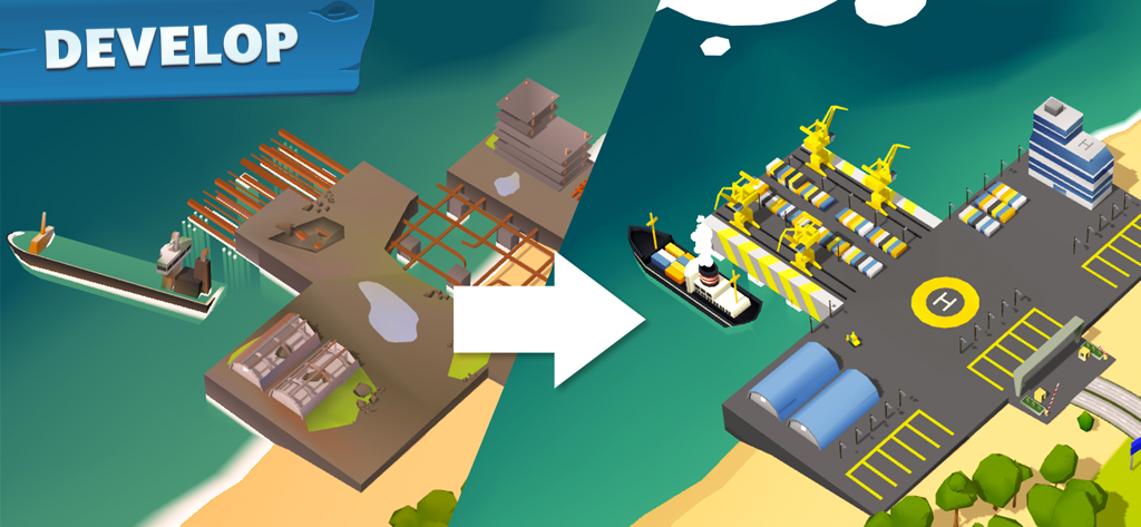 Before and after comparison of a seaport upgrade in Transit King Truck Simulator