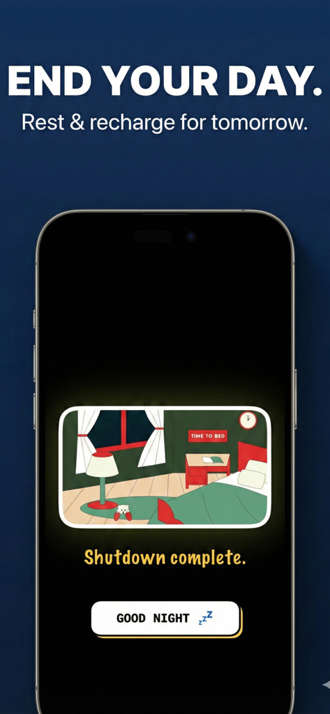ADHD OS app screenshot showing the end of day shutdown screen with a bedtime illustration and recharge message