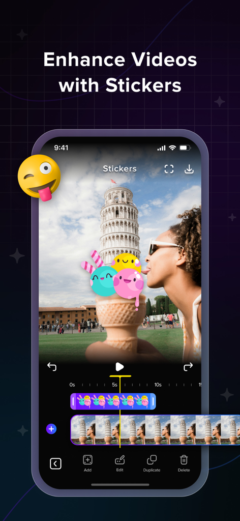 Mobile app interface of AI Captions Video Editor showing the feature to enhance videos with stickers.