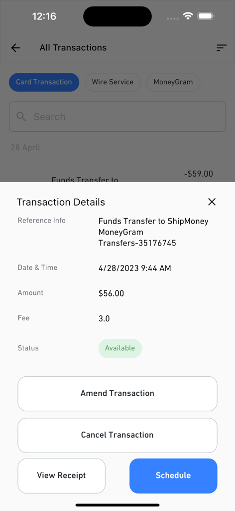 ShipMoney app screen displaying transaction details for a funds transfer with status and action buttons.