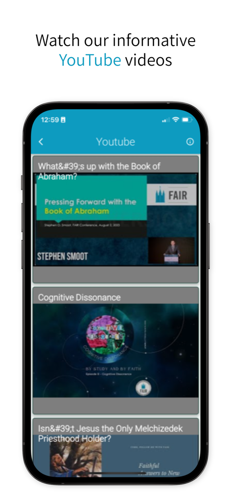 Faithful Answers - Pantalla de la aplicación Faithful Answers que muestra una lista de videos informativos de YouTube sobre historia y doctrina de la Iglesia SUD.