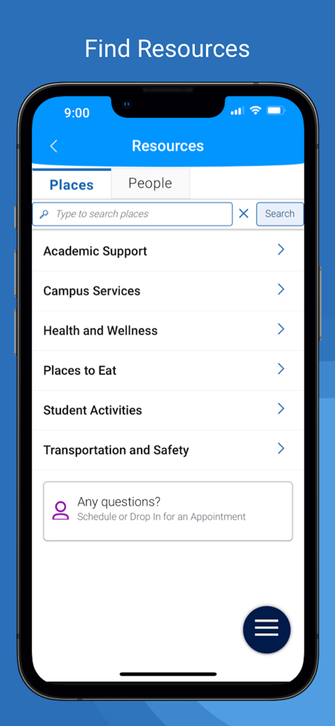 Screenshot of the Navigate360 Student app showing the campus resources screen with categories for academic support, health, and campus services.