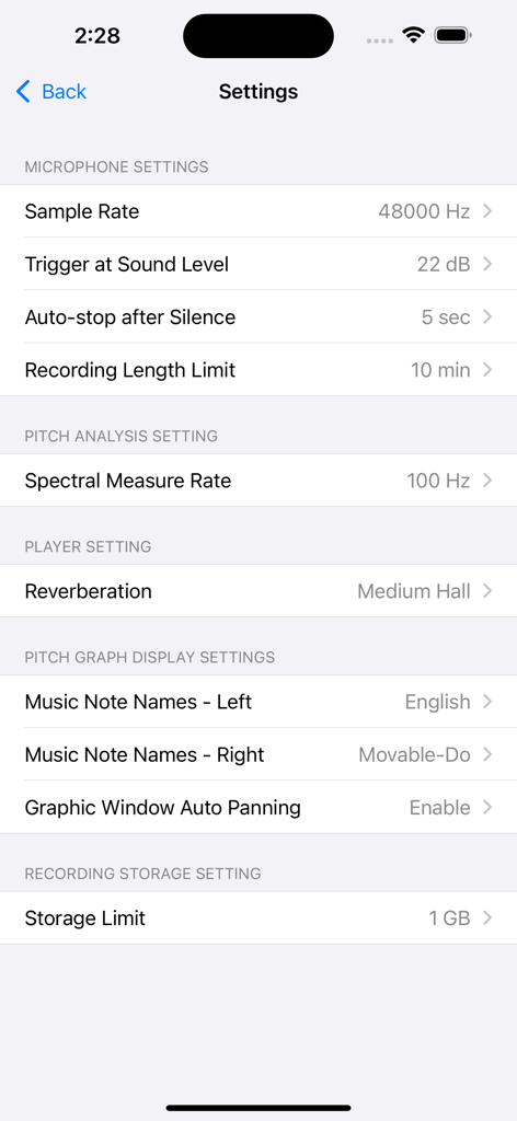Technical settings screen in the Singscope app for microphone and pitch analysis configuration