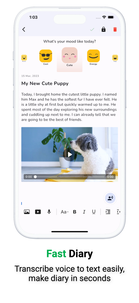 Diary with Lock, Photo, Video - Digital diary app interface showing a journal entry about a new puppy with text, video, and mood selection icons.