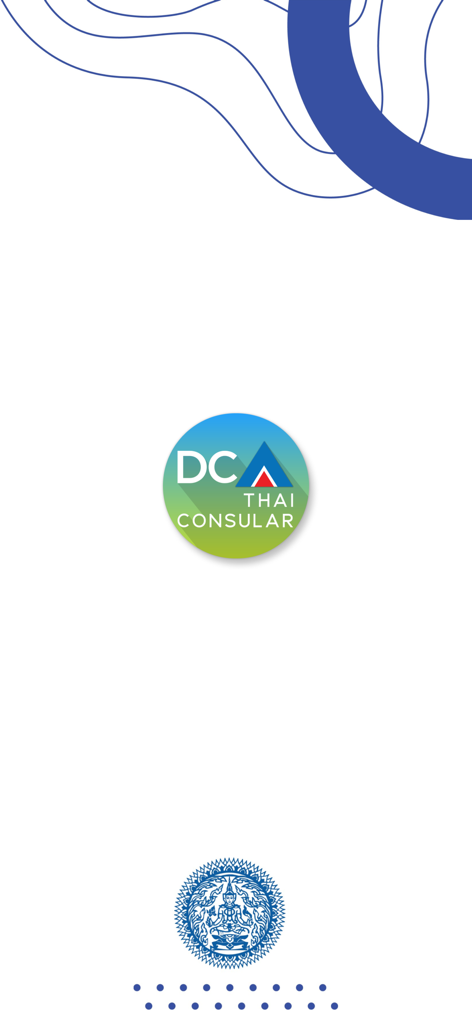 Écran de démarrage de l'application Thai Consular présentant le logo officiel du Département des Affaires Consulaires et un emblème thaïlandais traditionnel.