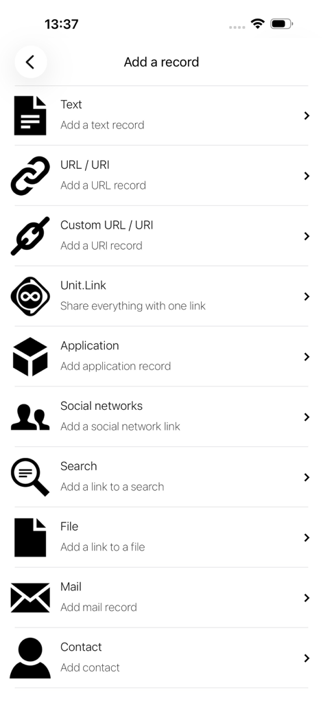 Menu screen for adding different record types to an NFC tag in the NFC Tools app