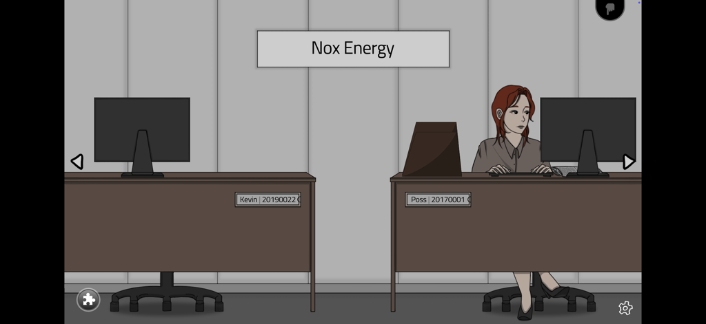 Unknown - Foggins - A 2D point and click scene from Unknown Foggins showing an office environment for Nox Energy with a character sitting at a desk