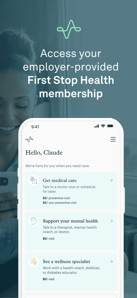 First Stop Health app dashboard showing options for medical care and mental health support
