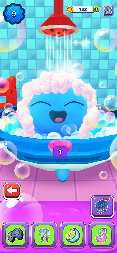 My Boo 2: 3D Fluffy Pets Game - Un personaje de mascota virtual azul tomándose un baño con burbujas de jabón
