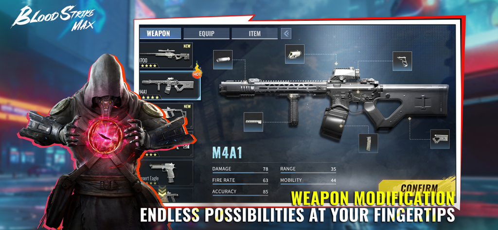 Blood Strike Max - Schermata di modifica delle armi di Blood Strike Max che mostra un fucile M4A1 con vari accessori e statistiche