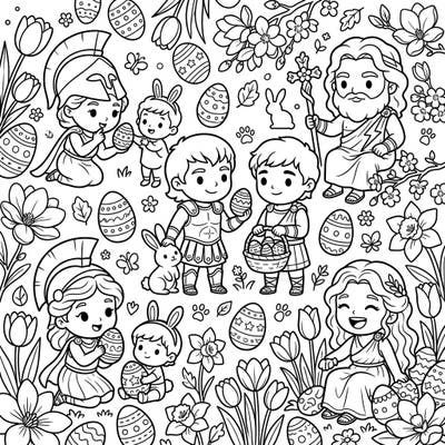 Experience a truly unique Easter celebration with this charming coloring page featuring chibi Trojan War figures. Discover iconic heroes and gods joyfully interacting with bunnies, spring flowers, and festive Easter eggs, ready for your creative touch.