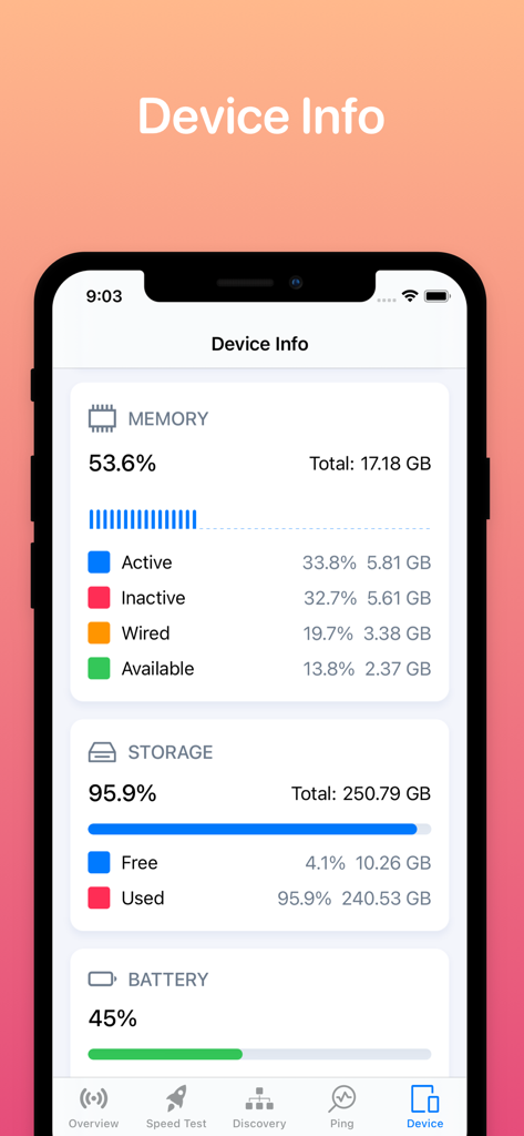 デバイスのメモリ、ストレージ、バッテリーステータスを示すWifi Analyzerアプリのインターフェース