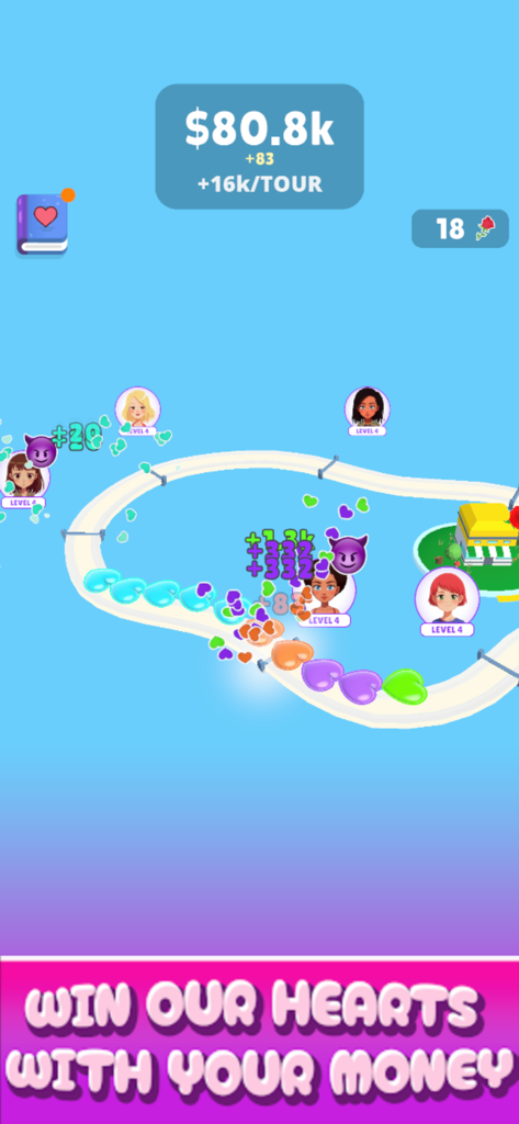 Love Loop! - Pantalla del juego Love Loop mostrando iconos de corazón moviéndose en una pista con retratos de personajes de anime y contadores de moneda.