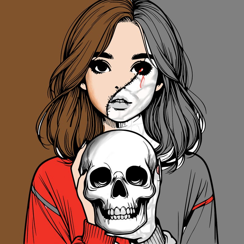 realistic girl holding a skull