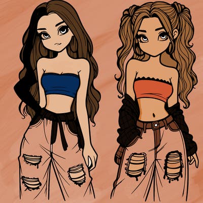 2 girls in crop tops and baggy jeans ripped