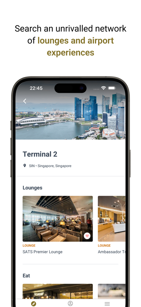 Pantalla de la aplicación móvil Priority Pass mostrando los resultados de búsqueda de salas VIP del aeropuerto para la Terminal 2 en Singapur.