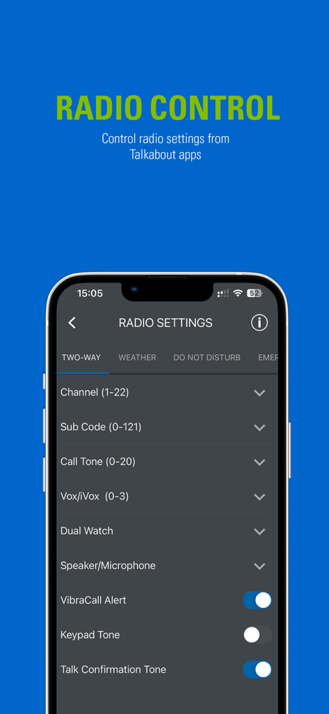 Interface of the Motorola Talkabout app displaying radio control settings such as channel and sub code selection
