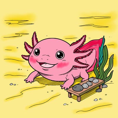 i want a smiling axolotl at the bottom of the ocean just barely above the sand with a few shelves off to the side right by it and some seaweed and after the distance is all water there’s nothing but water out to the distance