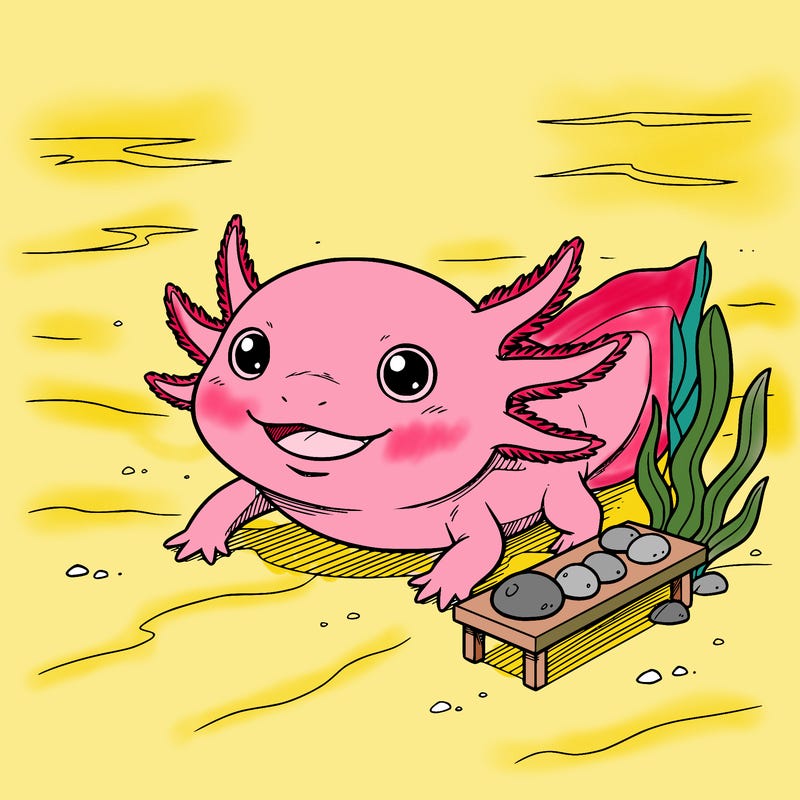 i want a smiling axolotl at the bottom of the ocean just barely above the sand with a few shelves off to the side right by it and some seaweed and after the distance is all water there’s nothing but water out to the distance