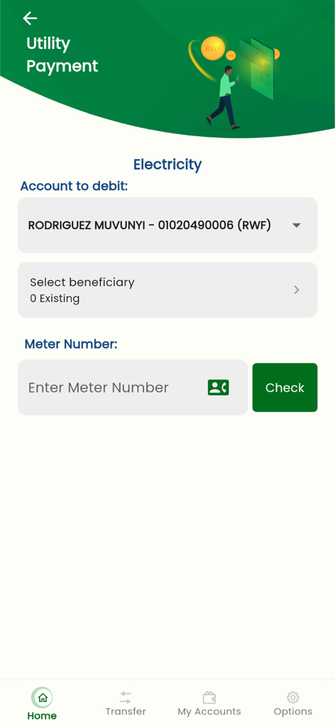 MyBOA - RWANDA - Pantalla de pago de electricidad en la aplicación bancaria móvil MyBOA Ruanda.