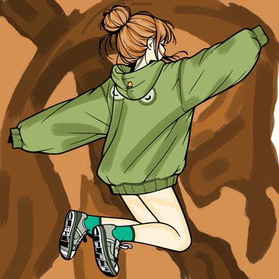 realistic girl jumping with a bun and oversized sweatshirt