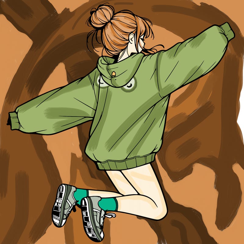 realistic girl jumping with a bun and oversized sweatshirt